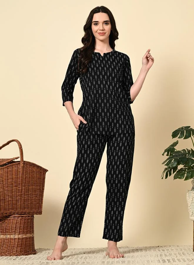 تايك تو طقم بيجاما من بنطال وبلوزة قطن مطبوعة